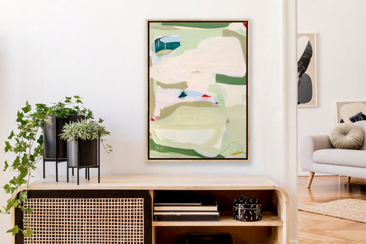 Original abstract painting titled Meadow Mind featuring soft sage greens, creamy neutrals, and hints of pastel color. Contemporary acrylic artwork with layered brushstrokes, evoking a serene, nature-inspired mood. Perfect for modern home decor or minimalist interiors.