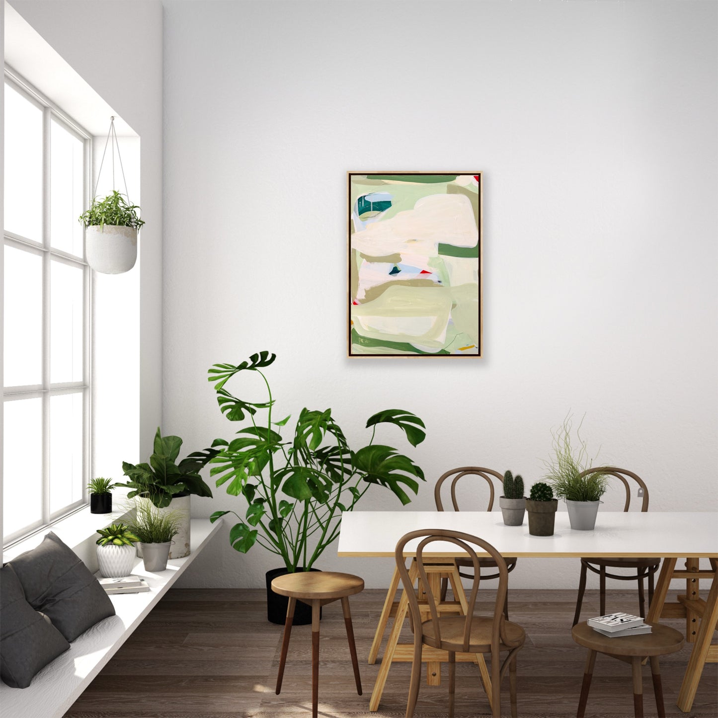 Original abstract painting titled Meadow Mind featuring soft sage greens, creamy neutrals, and hints of pastel color. Contemporary acrylic artwork with layered brushstrokes, evoking a serene, nature-inspired mood. Perfect for modern home decor or minimalist interiors.