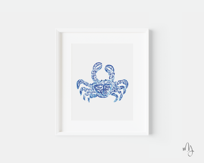 Blue Crab Chinoiserie Style Art Print